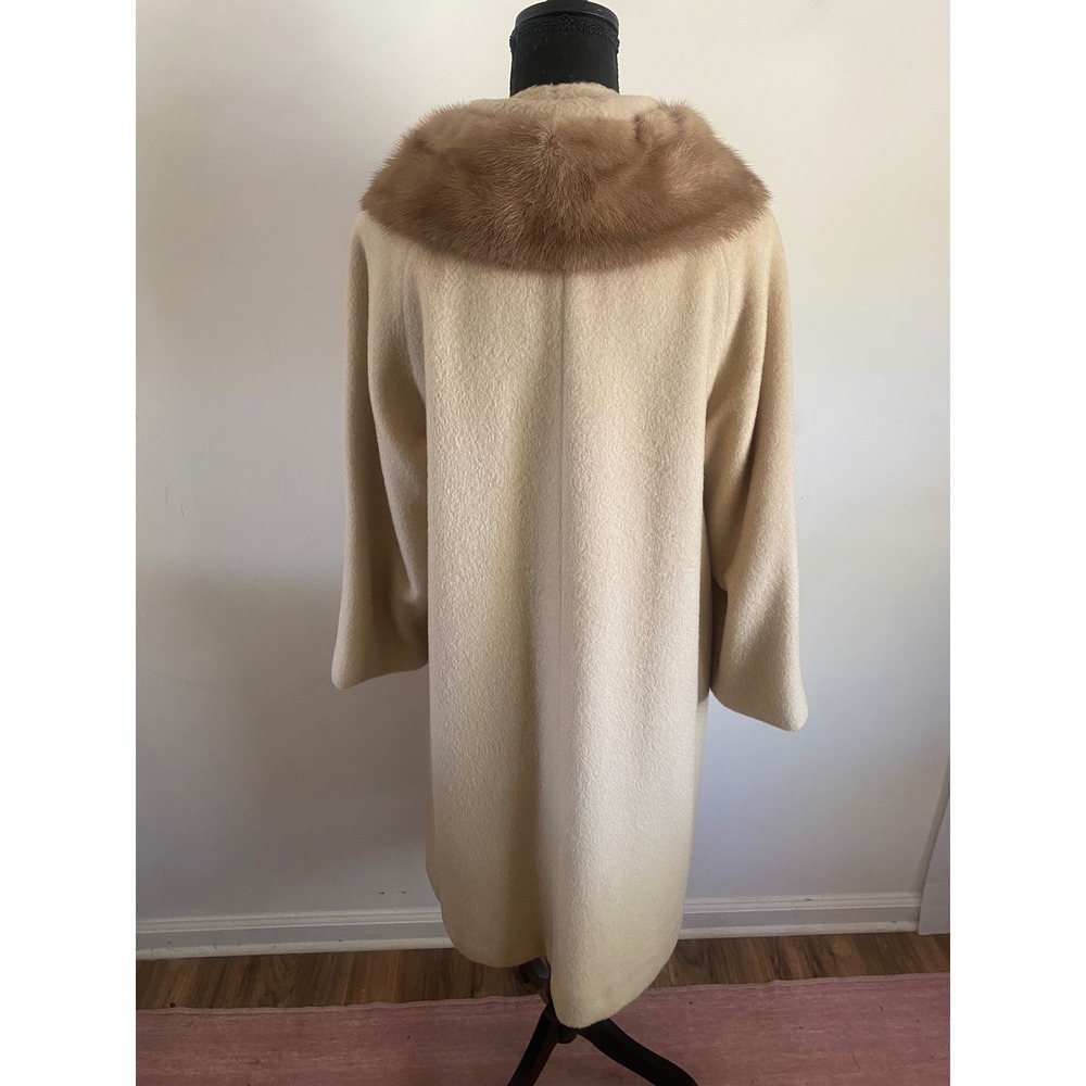 Vintage Cream Wool Coat Real Mink Fur Collar Mid-Century Modern Button Front L - Picture 6 of 16